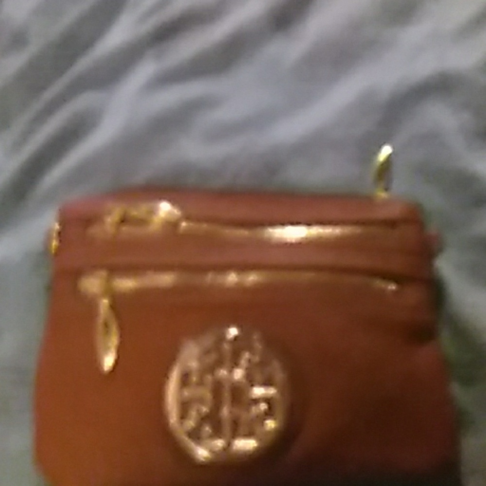 Brown wristlet or shoulder bag.